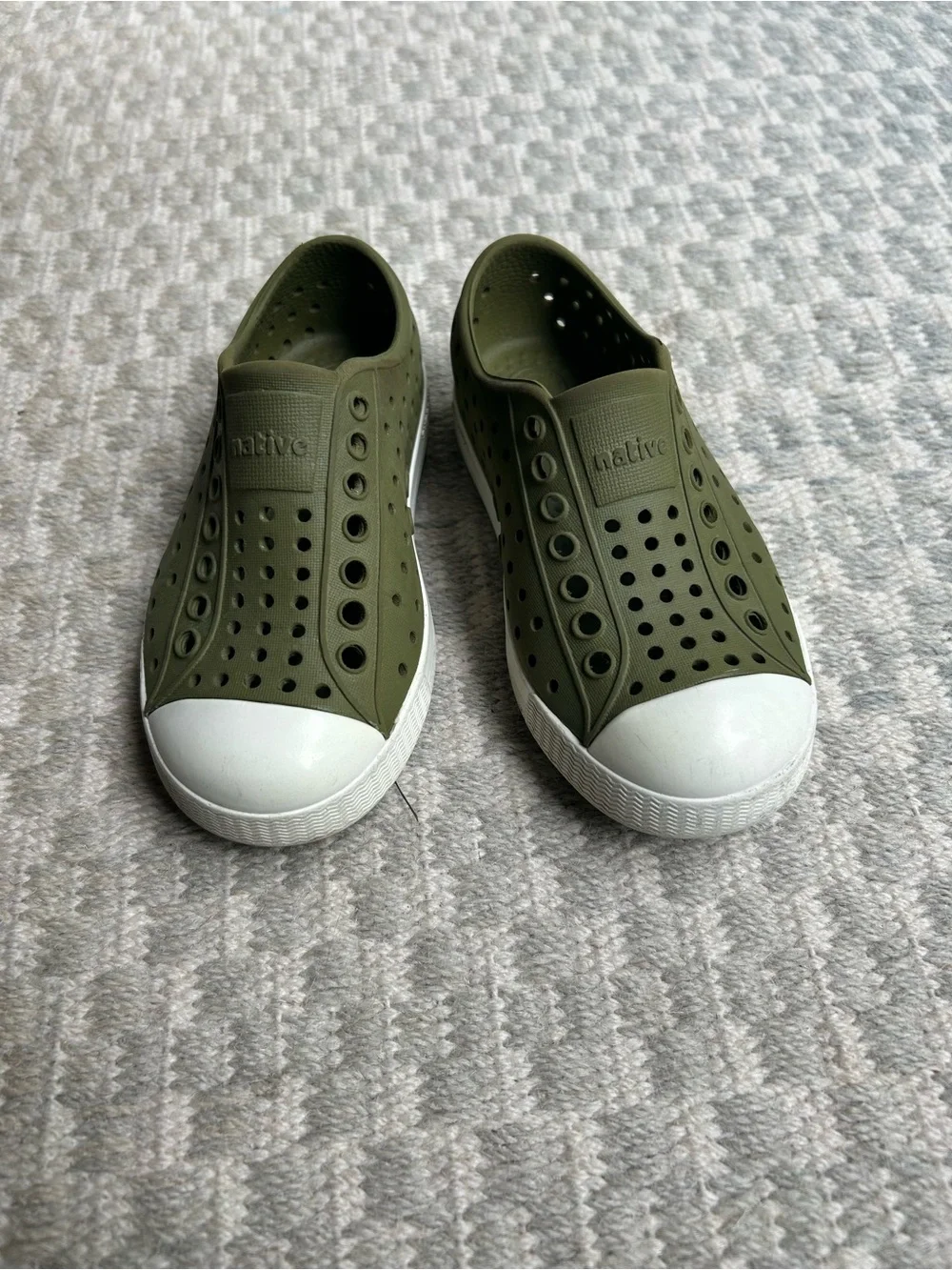 Native Kids Slip-On Water Shoes in Olive Green with White Toe Caps